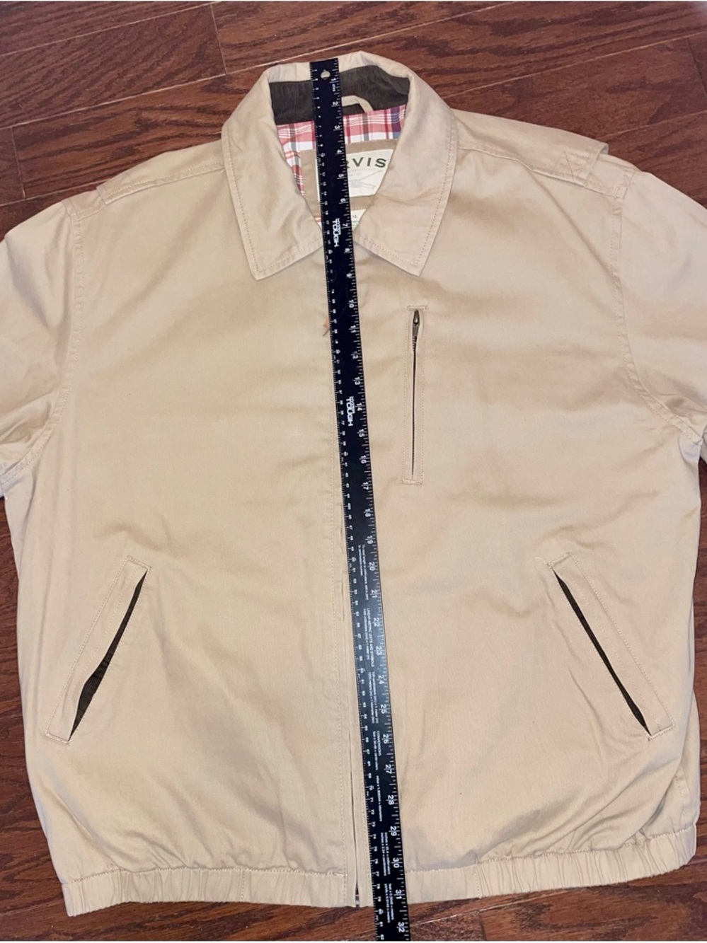 Orvis Tan Cotton Jacket with Red & Navy Plaid Lining - Picture 9 of 13
